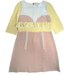 MARNI Antique Rose + Vanilla 100% Silk Midi Length Ruffled Peplum Dress Size 8